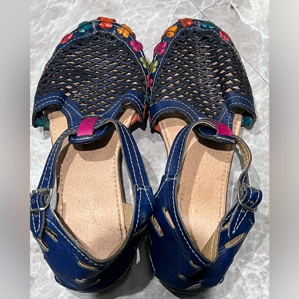 Navy Woven Leather Sandals with Multicolor Flower Trim